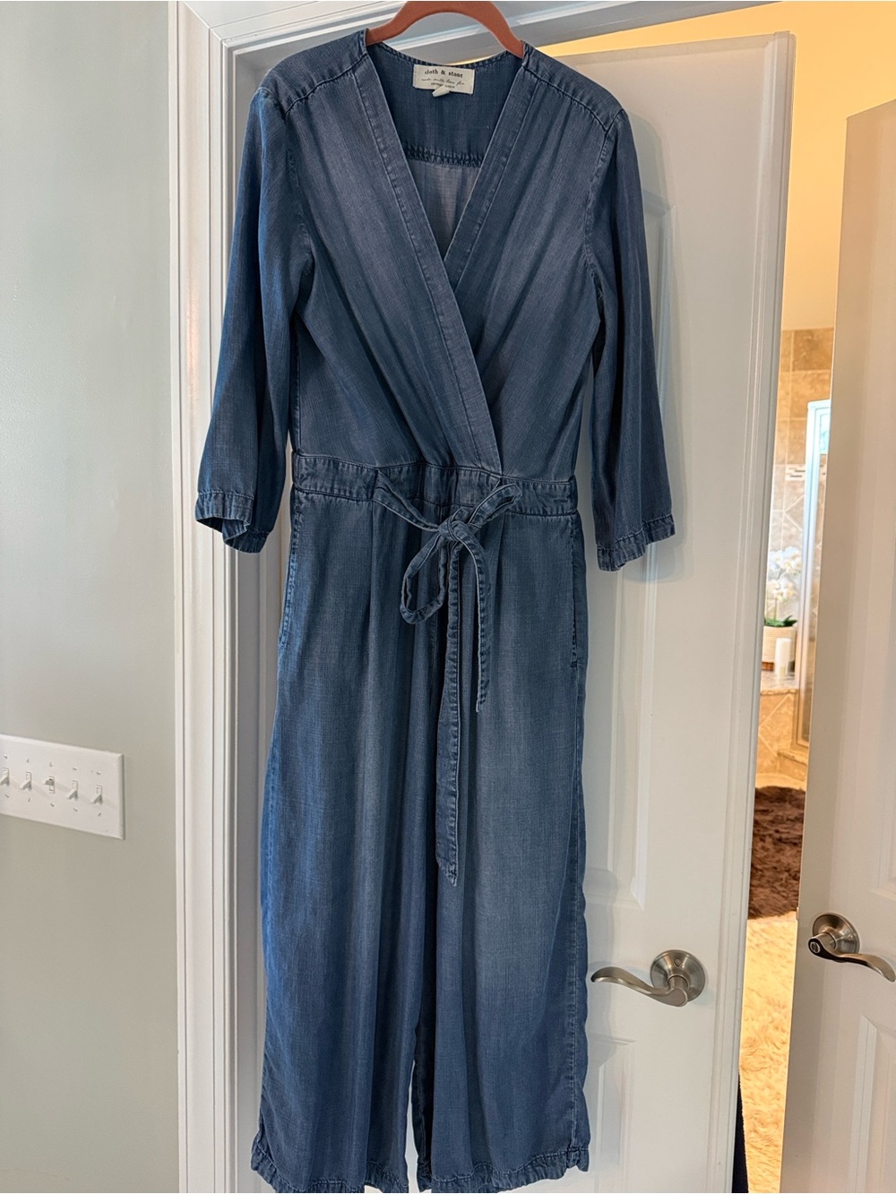 cloth & stone Washed Indigo Wrap Chambray Jumpsuit with Tie Waist